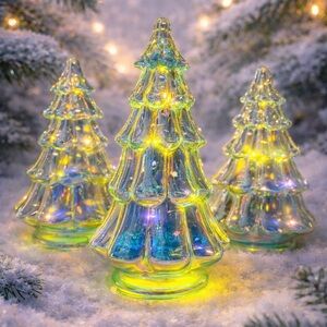 Iridescent Light Up Glass Christmas Trees Set of 3 Luxe Holiday Decor Glow